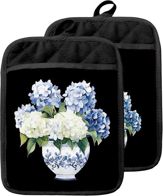Chinoiserie Hydrangea Floral Pot Holders with Pockets, Blue and White Porcelain Hydrangea Flower Oven Pot Holders Heat Resistant Oven Mitts Hot Pads for Kitchen Baking Cooking