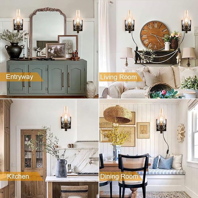 Yisuro Plug in Wall Sconce,Oil Rubbed Bronze Wall Sconces,Retro Rustic Wall Lamps,Sconces Wall Lighting with Amber Glass,Indoor Vintage Bedside Wall Lighting for Living Room Bathroom