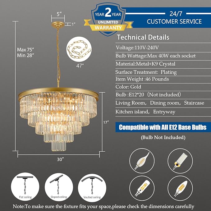 Crystal Chandeliers for Dining Room Lights Fixture Over Table, 20 Lights Gold Modern Chandeliers for Living Room, 5-Tier Round Crystal Lighting Fixtures for Bedroom Entryway Kitchen Island D30 Inch