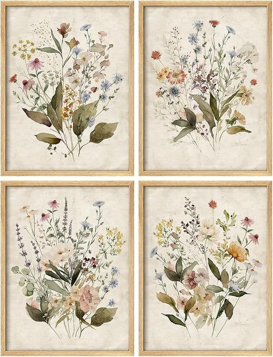 SIGNWIN Adhesive Canvas Poster Set Vintage Wildflower Bouquet Antique Botanical Illustrations Modern Art Decorative Scenic Multicolor Nature Wilderness for Bedroom - 12"x16"x 4