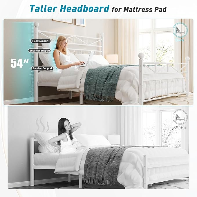 EnHomee Queen Size Metal Platform Bed Frame, 54" Tall Headboard and LED Lights, Victorian Vintage Headboard and Footboard, Under Bed Storage, Heavy Duty Metal Slats & Noise Free, White