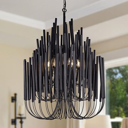 TOCHIC Modern Farmhouse Chandelier for Dining Room 21", Small Vintage Wood Chandeliers Light for Living Room, Rustic Pendant Lighting Fixture Hanging for Foyer Bedroom Entryway (Black, 21 inches)