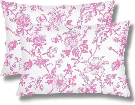 Pink and White Porcelain Floral Pillow Cover Queen Size Set of 2 Vintage Flowers Lumbar Pillow Case Standard Pillowcase with Zipper Chinoiserie Decorative Pillows Covers for Bedroom,Couch,20"x30"