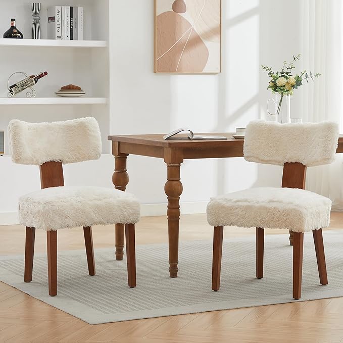 FOXHUNTER Upholstered Dining Chairs Set of 4, Modern Wooden Armless Kitchen Chairs with Curved Backrest, Mid-Century Farmhouse Dining Side Chairs, Fur Beige