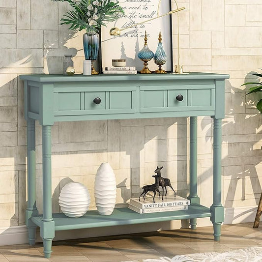 Knocbel Antique Entry Console Table with Drawers & Bottom Open Shelf, Wood Sofa Tables for Entryway Hallway Living Room, 35.43" W x 13.8" D x 30.25" H, Retro Blue