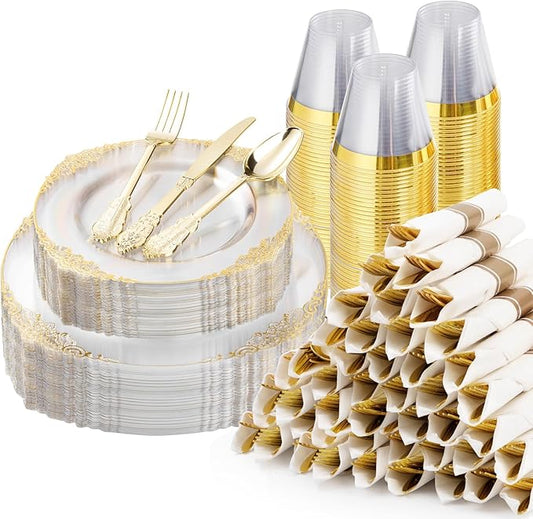 350PCS Clear Plastic Plates for 50 Guests, =Disposable Dinnerware Sets Include 50 Gold Rim Plastic Plates, 25 Silverwares, 25 Cups, and 25 Pre Rolled Napkins for Party, Wedding and Graduation