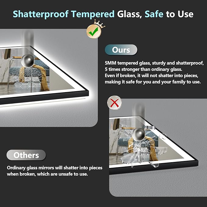 28x36 Black Framed LED Bathroom Mirror with Lights, Backlit & Front Lit, Anti-Fog Lighted Vanity Mirror for Bathroom Wall, 3 Colors, Dimmable, Memory, HD Tempered Glass, Horizontal/Vertical