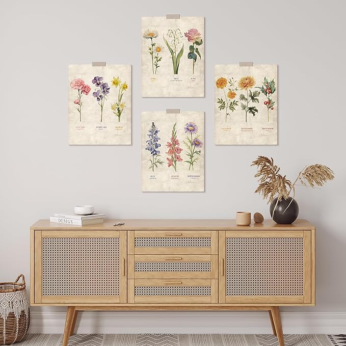 SIGNWIN Adhesive Canvas Poster Set Vintage Floral Birth Month Botanical Prints Antique Flower Illustrations Modern Art Decorative Scenic Multicolor Nature Wilderness for Bedroom - 11"x14"x4