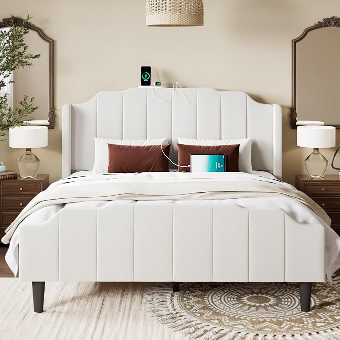 Allewie Vintage Full Size Velvet Platform Bed Frame with Curved Vertical Tufted Wingback Headboard and Footboard, Charging Station, Easy Assembly, Under Bed Storage, No Box Spring Required, White