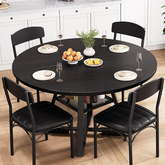 Round Dining Table Set for 4, Kitchen Table and Chairs for 4, Circle Table Round Pedestal Dining Room Dinner Dinette Table Set,5 Piece Space Saving Wood Kitchen & Dining Room Tables (Black, 42In)
