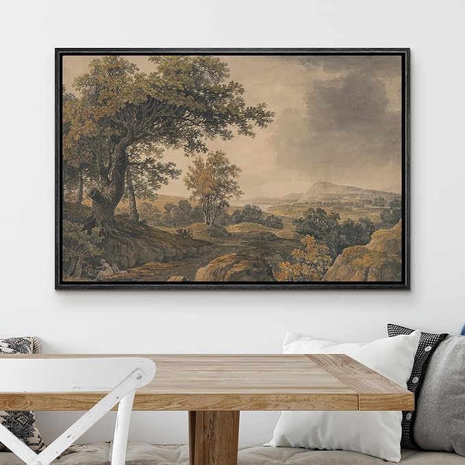 MUDECOR Framed Canvas Print Wall Art Antique Landscape Serene Tree and Mountain Scene Illustrations Realism Decorative Scenic Panoramic Earth for Living Room, Bedroom, Office - 24"x36" Black