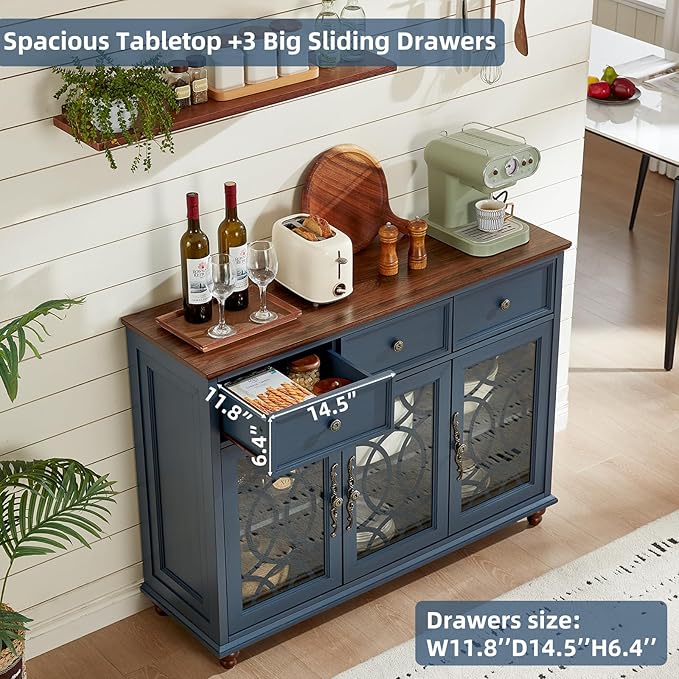 Farmhouse Sideboard Buffet Cabinet with Storage,48" Large Credenza with 3 Glass Doors & 3 Drawers,Adjustable Shelves Console Table,Wood Kitchen Coffee Bar for Dining Room,Living Room,Navy Blue