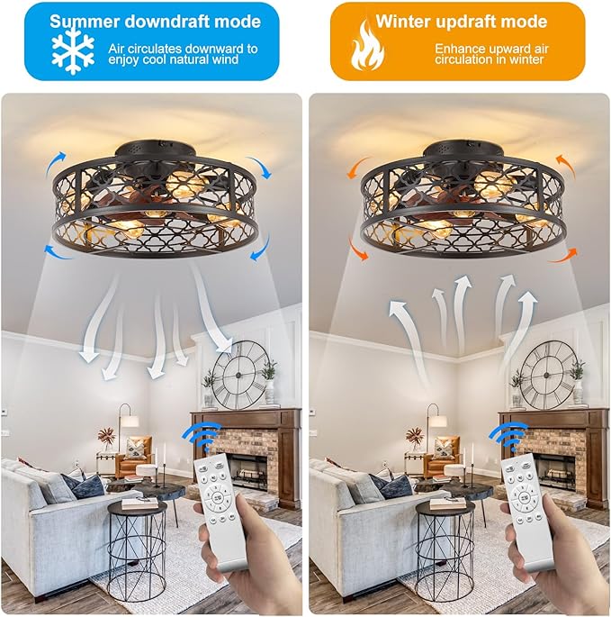 Farmhouse Ceiling Fans with Lights Remote Control,6 Speed Reversible Flush Mount Low Profile Rustic Ceiling Fan with Light with bulb 4*E26,Boho Bladeless Country Caged Ceiling Light Fixture