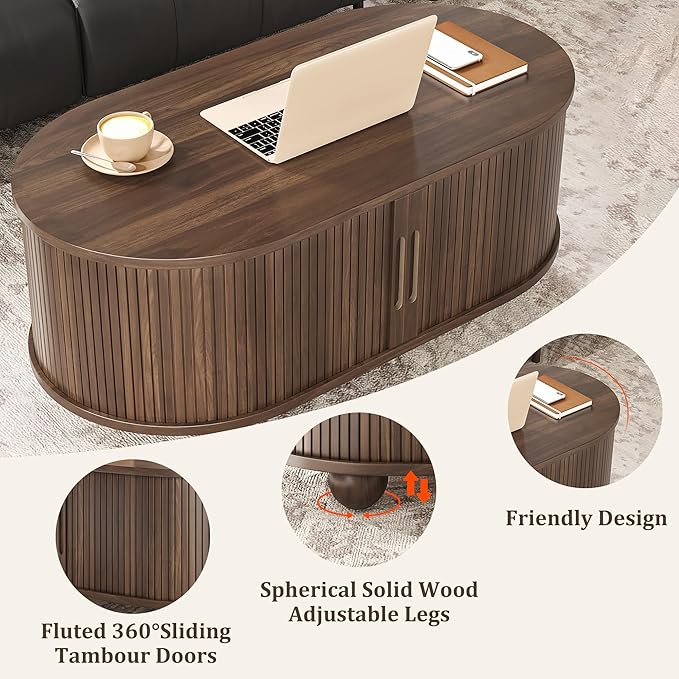 Alohappy Oval Coffee Table, Mid Century Modern Coffee Table with Sliding Tambour Doors, Fluted Center Table with Hidden Storage for Living Room, Dining Room, Apartment, Home Office, Walnut