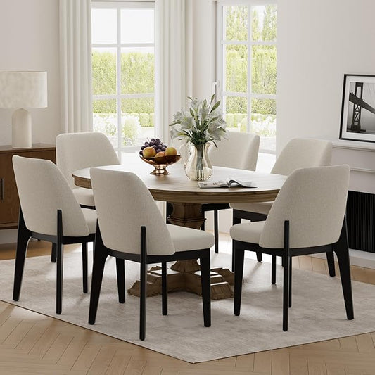 VKNOW Wooden Dining Chairs Set of 6, Upholstered Dining Room Chairs with Rubberwood Legs and Padded Seats, Kitchen Chairs for Restaurant Kitchen Living Room, Khaki
