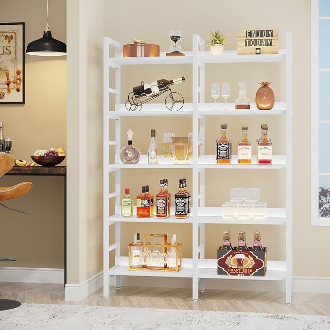 Tribesigns 5-Tier Industrial Bookshelf, 71”H x 47”W Etagere Bookcase, Freestanding Double Wide Book Shelf for Storage and Display, Wood and Metal Bookshelves for Living Room Home Office, White