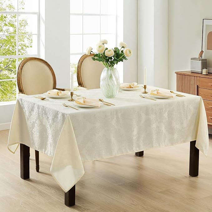 Newbridge Barcelona Luxury Damask Fabric Tablecloth, 60” Wide x 84” Rectangle, Antique White, 100% Polyester, No Iron, Soil Resistant Dining Room, Party and Banquet Table Cover