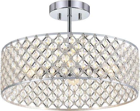 Chrome Crystal Ceiling Light Fixture,Modern Semi Flush Mount Ceiling Lighting Fixture,Round Small Chandelier for Dining Room, Hallway, Entryway, Kitchen, Bedroom,Foyer,4 Light,15.7 inch