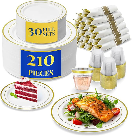 Reli. Plastic Plates for Party | 210 Pieces | White w/Gold Rim | Plates and Napkins Party Supplies | Disposable Dinnerware Set for 30 Guests | Dinner & Dessert Pack, Pre-Rolled Gold Cutlery Set, Cups