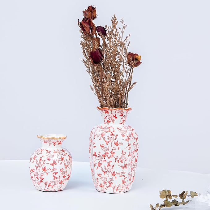 Chinoiserie Flower vase, red Floral Vine Design Ceramic vase with Wavy Gold Rim, Console Table Decor, Statement Piece, Interior Design (Large, Hongmanzhi)