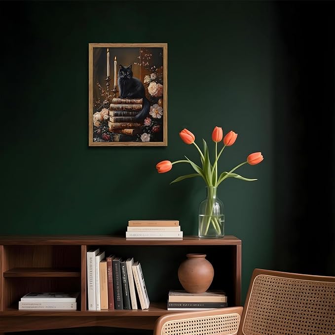 Vintage Dark Academia Framed Wall Art, Victorian Black Cat Floral Canvas Prints, Antique Book Wildflower Gothic Wall Decor for Living Room Gallery Library – Dark Wooden Frame 16x24in