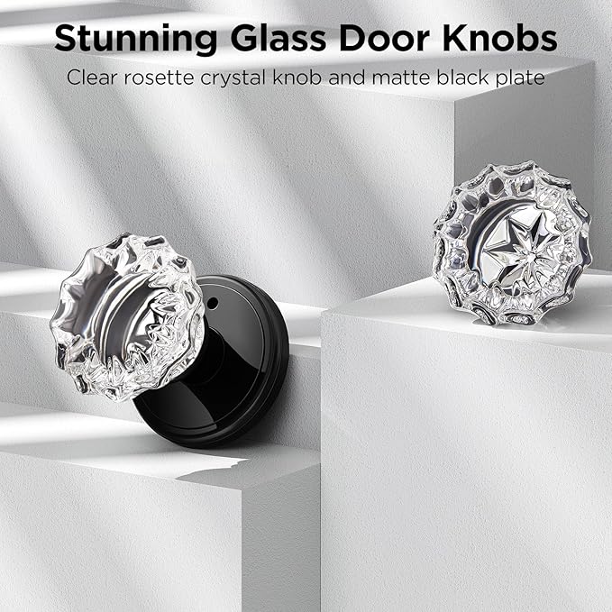 1 Pack Crystal Door Knob, Rosette Shaped Glass Door Knobs Interior with Lock, Matte Black Door Knobs Interior Glass