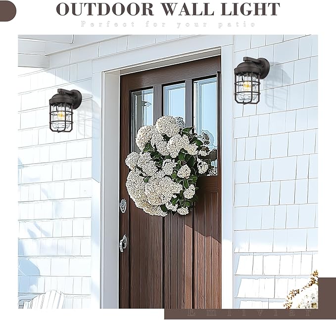 Emliviar Retro Wall Lamp Wall Mounted for House, Medium 1-Light Exterior Wall Lighting with Metal Cage, Oil Rubbed Bronze with Water Ripple Glass Shade, GE255BL ORB-WG
