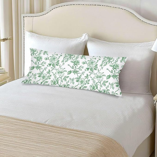 Green and White Porcelain Floral Throw Pillow Cover 14x36 Accent Lumbar Pillow Case for Bed,Chinoiserie Decorative Vintage Flowers Pillowcase with Zipper Couch Pillows Cover for Bedroom,Living Room