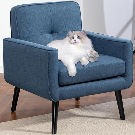 Mid Century Accent Chair, Fabric Modern Chair with Wooden Frame, Cozy Armchair Reading Chair with Comfy Back for Apartment, Living Room, Bedroom, Waiting Room, Small Space, Corner, Blue