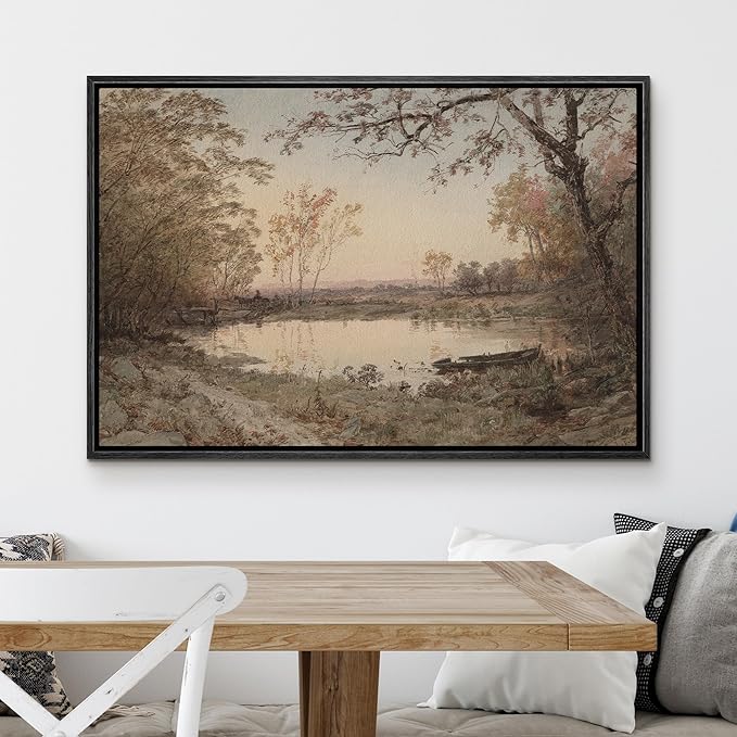 MUDECOR Framed Canvas Print Wall Art Rustic Country Farmhouse Forest Lake Nature Wilderness Antique Retro Fine Art Shapes Illustrations Decorative Colorful Multicolor for Bedroom - 24"x36" Black