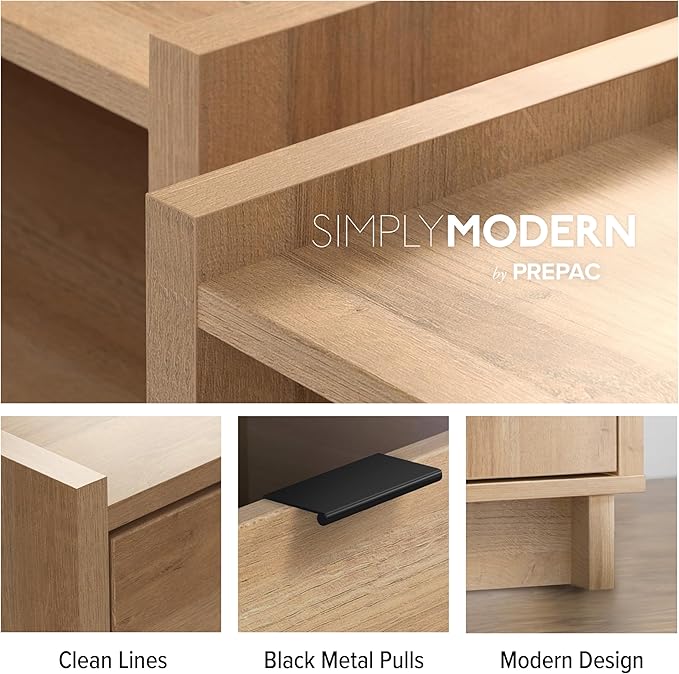 Prepac Natural Oak Simply Modern Entryway Table, Narrow Console Table with 3 Drawers, Media Console with Storage, 15.75" D x 60.25" W x 32" H