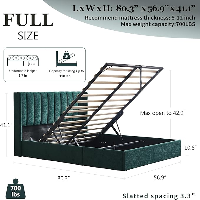 YUHUASHI Queen Size Hydraulic Storage Bed, Upholstered Platform Bed Frame, Modern Wingback Design Headboard, Velvet Fabric with Hydraulic Support Bars, No Box Spring Required (Ink Green, Full)