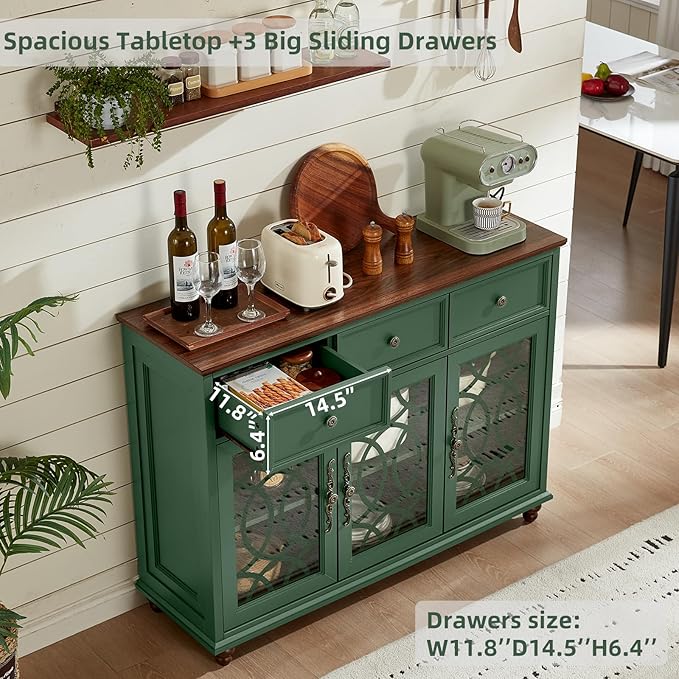 Large Sideboard Buffet Cabinet Set of 2 with Storage,48" Credenza with 3 Glass Doors & 3 Drawers,Adjustable Shelves Coffee Bar,Wood Kitchen Console Table for Dining Room,Green