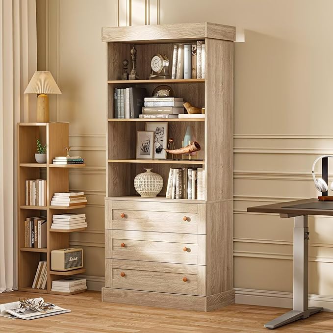 Vyre 71" Tall Farmhouse Bookshelves with Glass Doors and Drawers, Set of 2 – Large Modular Bookcase with Adjustable Shelves, Storage Cabinet for Living Room, Kitchen, Brown