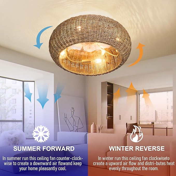 Rattan Ceiling Fan with Lights 19.7IN Boho Caged Fandelier with Light and Remote Farmhouse Flush Mount Fan Chandelier Fixtures for Dining Room Bedroom Nursery Entry Living Room Kitchen