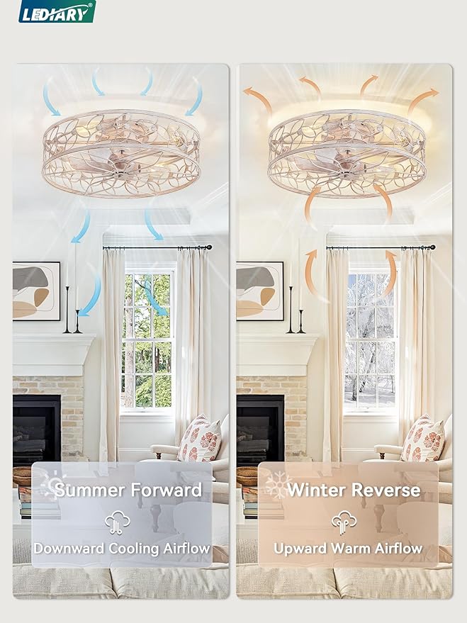 LEDIARY 23 Inch Caged Ceiling Fans with Lights, White Flush Mount Ceiling Fan with Remote, Large Low Profile Bladeless Ceiling Fan Light Fixture for Bedroom, Kitchen, Dining Room-White Gold Color