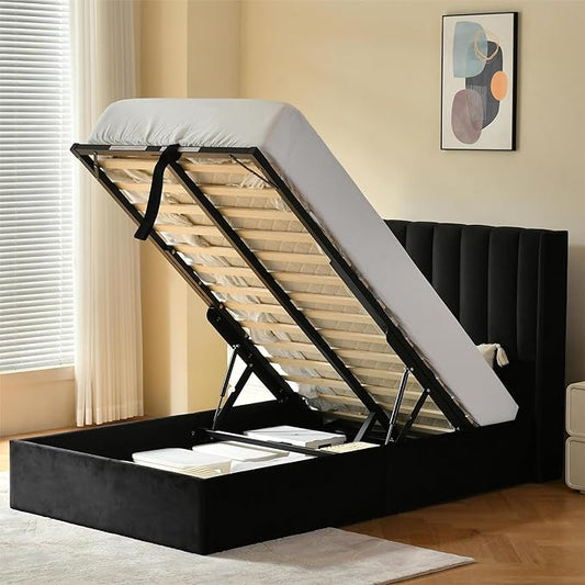 YUHUASHI Queen Size Hydraulic Storage Bed, Upholstered Platform Bed Frame, Modern Wingback Design Headboard, Velvet Fabric with Hydraulic Support Bars, No Box Spring Required (Black, Twin)