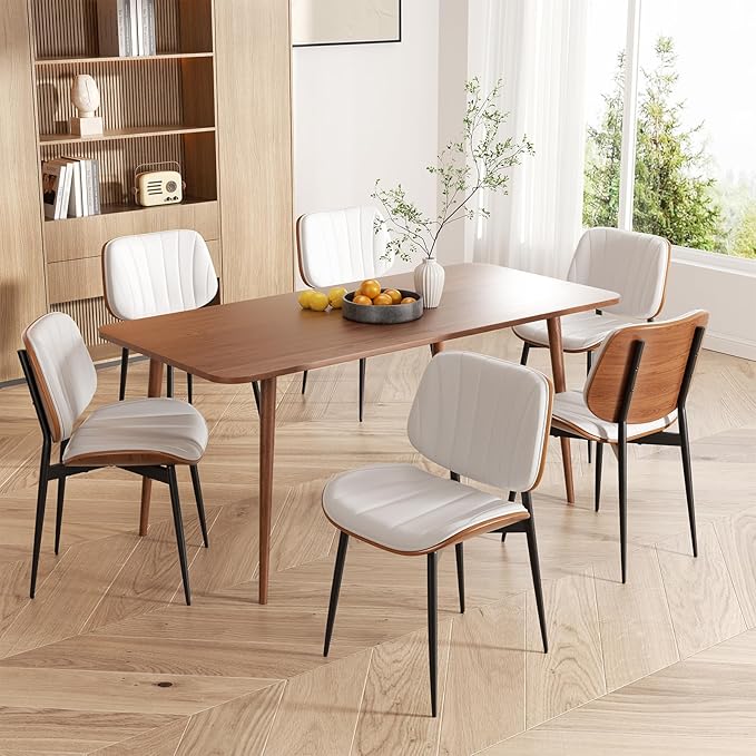 Dining Chairs Set of 4, Mid Century Modern, Upholstered Faux Leather, Walnut Bentwood Back, Metal Legs, White