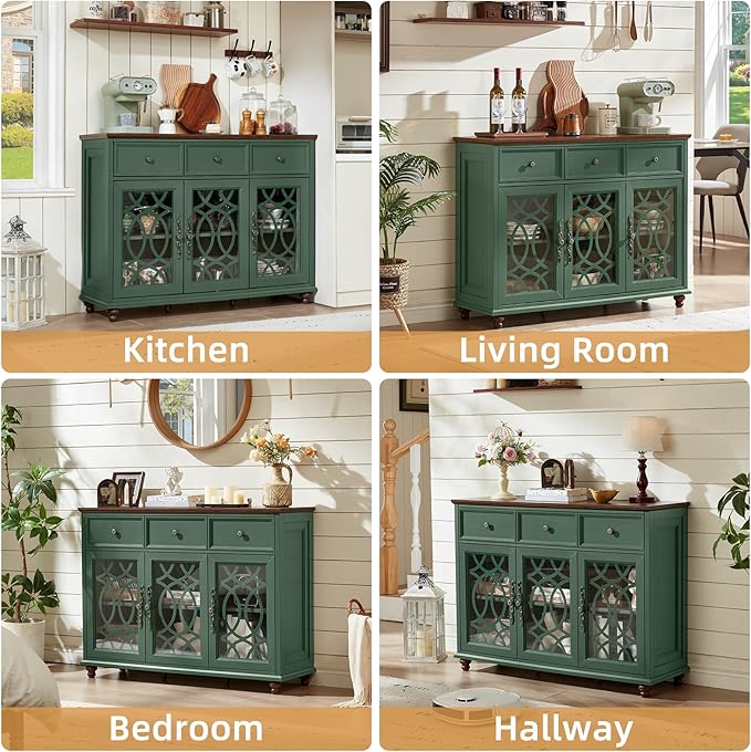 Farmhouse Sideboard Buffet Cabinet with Storage,48" Large Credenza with 3 Glass Doors & 3 Drawers,Adjustable Shelves Console Table,Wood Kitchen Coffee Bar for Dining Room,Living Room,Green
