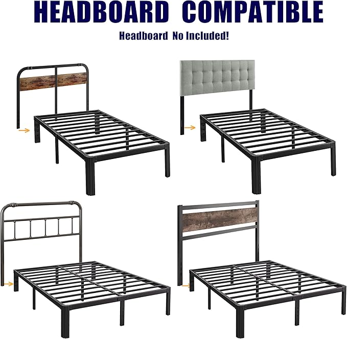 Hunlostten 16" High Queen Bed Frame No Box Spring Needed, Heavy Duty Metal Platform Bed Frame Queen Size with Round Corners, Easy Assembly, Noise Free, Black