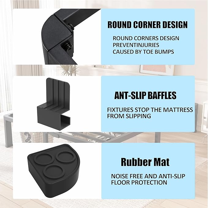 FUIOBYVV Twin XL Bed Frames with Round Corner Edge Legs 16 inch High 3500 lbs Heavy Duty Metal Platform Bed Frame Twin Size No Box Spring Needed/Non-Slip/Steel Slat Support/Noise Free