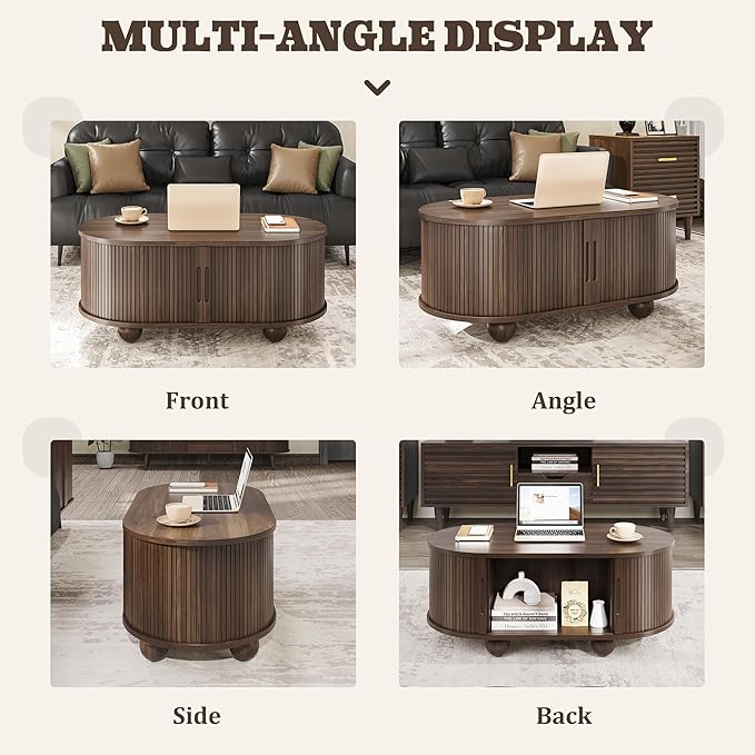 Alohappy Oval Coffee Table, Mid Century Modern Coffee Table with Sliding Tambour Doors, Fluted Center Table with Hidden Storage for Living Room, Dining Room, Apartment, Home Office, Walnut