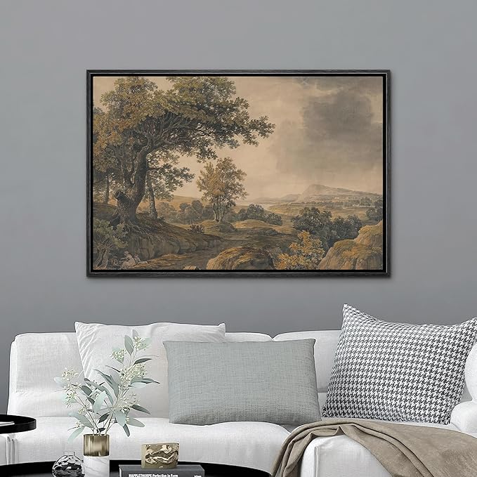 MUDECOR Framed Canvas Print Wall Art Antique Landscape Serene Tree and Mountain Scene Illustrations Realism Decorative Scenic Panoramic Earth for Living Room, Bedroom, Office - 24"x36" Black
