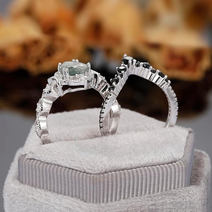 Black Gold Plated Natural Moss Agate Bridal Wedding Ring Sets for Women, 925 Sterling Silver Gothic Vintage Promise Rings and Eternity Black Spinel Band for Her - Boho Art Deco Platinum Plated Engagement Rings Size 4-9