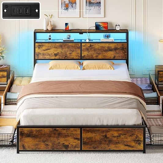 Rolanstar Queen Bed Frame with 4 Storage Drawers, Charging Station and LED Lights, Metal Platform Bed with 2-Tier Storage Headboard, No Box Spring Needed, Easy Assembly, Noise-Free, Rustic Brown