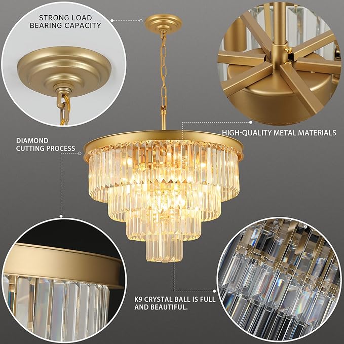 Crystal Chandeliers for Dining Room Lights Fixture Over Table, 15 Lights Gold Modern Chandeliers for Living Room, 4-Tier Round Crystal Lighting Fixtures for Bedroom Entryway Kitchen Island D24 Inch