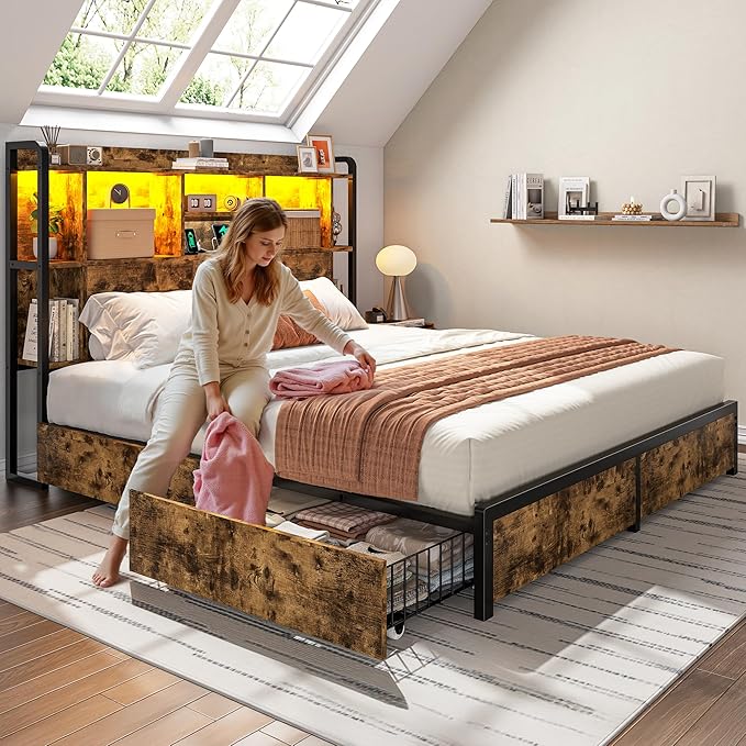 Full Size Bed Frame with Storage Headboard & 4 Large Drawers Bed Frame Full Size with 51" Tall Headboard 9 Compartments Led Lights & Charging Station,No Box Spring Needed, No Noise,Vintage Brown