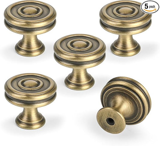 5 Pack Solid Brass Cabinet Drawer Knobs， 1-1/4 Inch Antique Brass Knobs for Bathroom Cabinet，Round Dresser Cupboard Wardrobe Vanity Closet Pulls