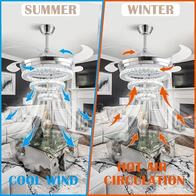 42" Crystal Ceiling Fan with Lights,Modern DIY Crystal Chandelier Ceiling Fan with Remote Control,Invisible Retractable Ceiling Fan for Living Room Bedroom Dining Room (Small Crystal, Silver)