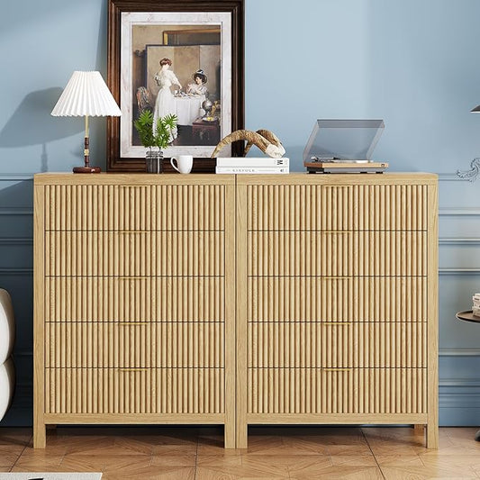 10 Drawer Dresser, 43" Tall Dresser Organizer TV Drawer Cabinet Modern Wood Storage Cabinet, Modern Wood Storage Cabinet for Bedroom, Hallway, Entryway, Natural X 2